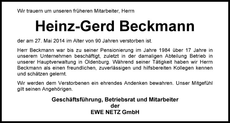  Traueranzeige für Heinz Gerd Beckmann vom 31.05.2014 aus Nordwest-Zeitung