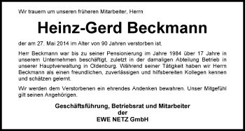 Traueranzeige von Heinz Gerd Beckmann von Nordwest-Zeitung