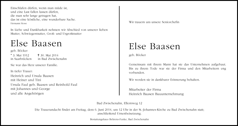  Traueranzeige für Else Baasen vom 03.06.2014 aus Nordwest-Zeitung