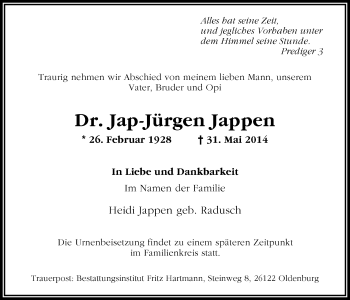 Traueranzeige von Dr. Jap-Jürgen Jappen von Nordwest-Zeitung