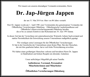 Traueranzeige von Dr. Jap-Jürgen Jappen von Nordwest-Zeitung
