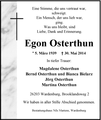 Traueranzeige von Egon Osterthun von Nordwest-Zeitung