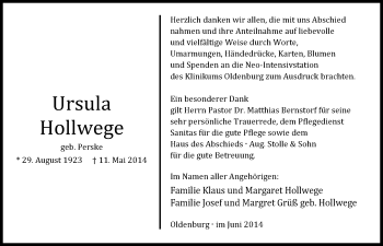 Traueranzeige von Ursula Hollwege von Nordwest-Zeitung