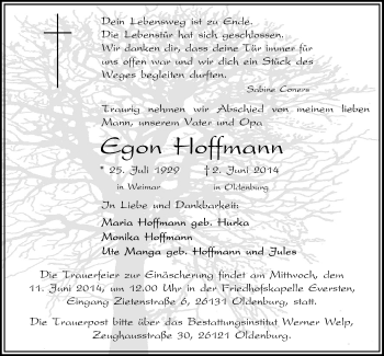 Traueranzeige von Egon Hoffmann von Nordwest-Zeitung