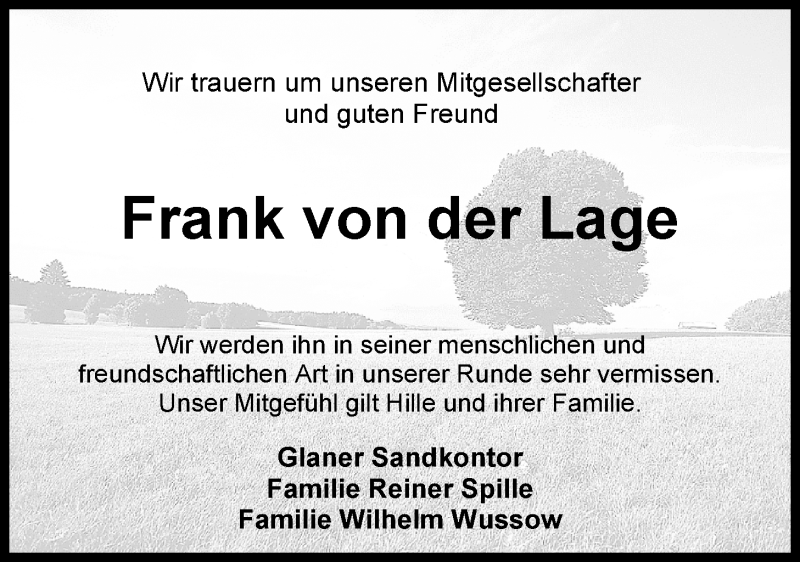  Traueranzeige für Frank von der Lage vom 06.06.2014 aus Nordwest-Zeitung