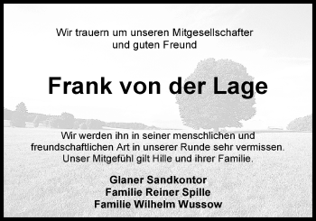 Traueranzeige von Frank von der Lage von Nordwest-Zeitung