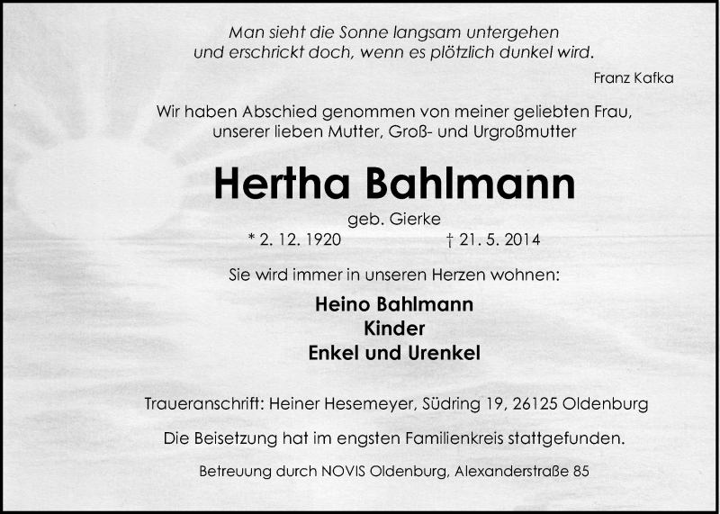  Traueranzeige für Hertha Bahlmann vom 14.06.2014 aus Nordwest-Zeitung