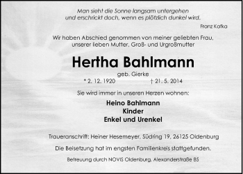 Traueranzeige von Hertha Bahlmann von Nordwest-Zeitung