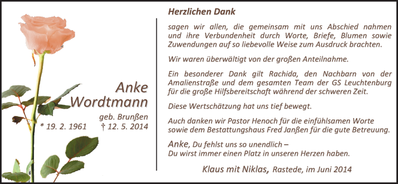  Traueranzeige für Anke Wordtmann vom 07.06.2014 aus Nordwest-Zeitung