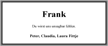 Traueranzeige von Frank von der Lage von Nordwest-Zeitung