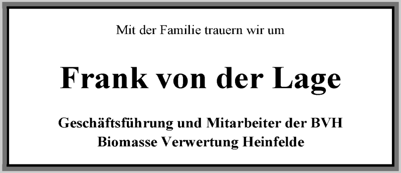  Traueranzeige für Frank von der Lage vom 06.06.2014 aus Nordwest-Zeitung