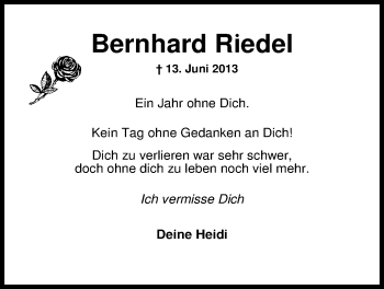 Traueranzeige von Bernhard Riedel von Nordwest-Zeitung