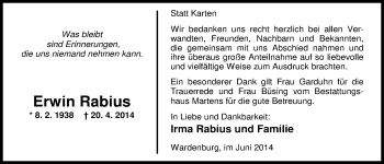 Traueranzeige von Erwin Rabius von Nordwest-Zeitung