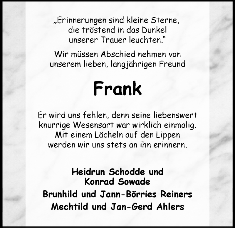  Traueranzeige für Frank von der Lage vom 06.06.2014 aus Nordwest-Zeitung