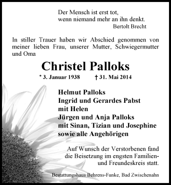 Traueranzeige von Christel Palloks von Nordwest-Zeitung