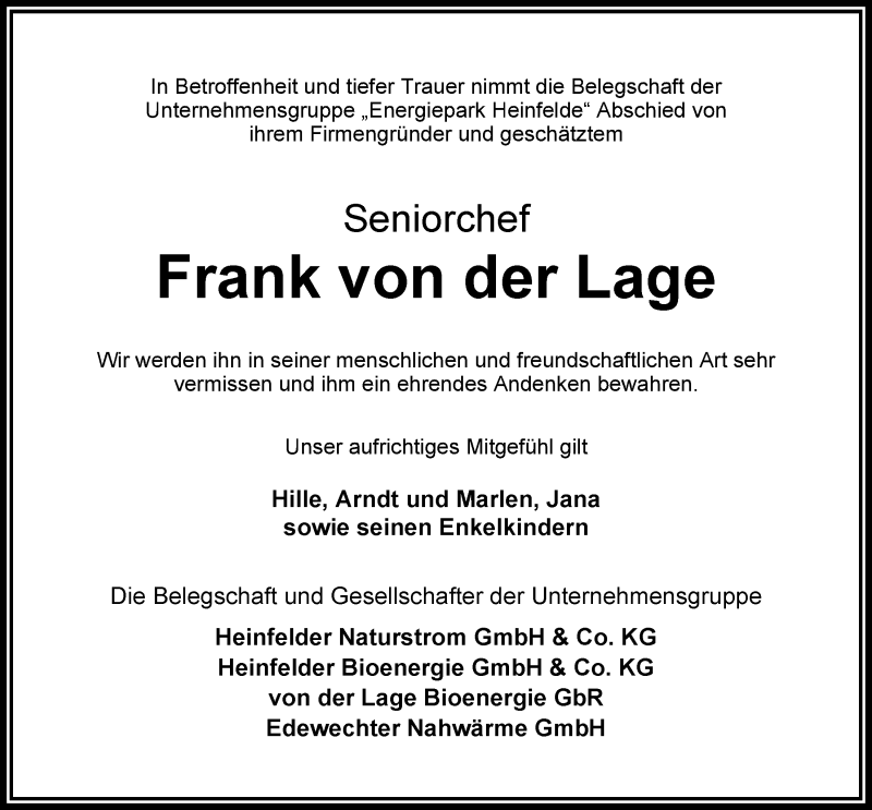  Traueranzeige für Frank von der Lage vom 06.06.2014 aus Nordwest-Zeitung