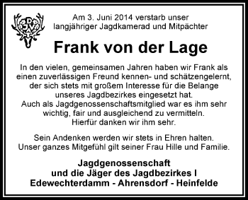 Traueranzeige von Frank von der Lage von Nordwest-Zeitung