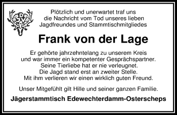 Traueranzeige von Frank von der Lage von Nordwest-Zeitung