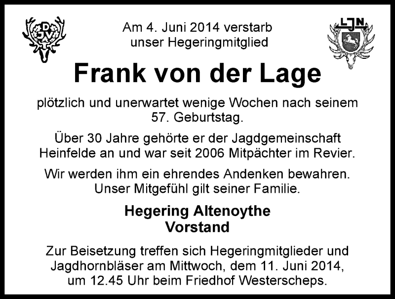  Traueranzeige für Frank von der Lage vom 07.06.2014 aus Nordwest-Zeitung