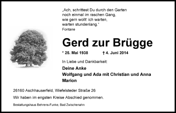 Traueranzeige von Gerd zur Brügge von Nordwest-Zeitung