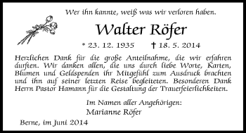 Traueranzeige von Walter Röfer von Nordwest-Zeitung