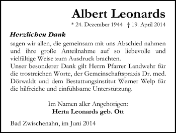 Traueranzeige von Albert Leonards von Nordwest-Zeitung