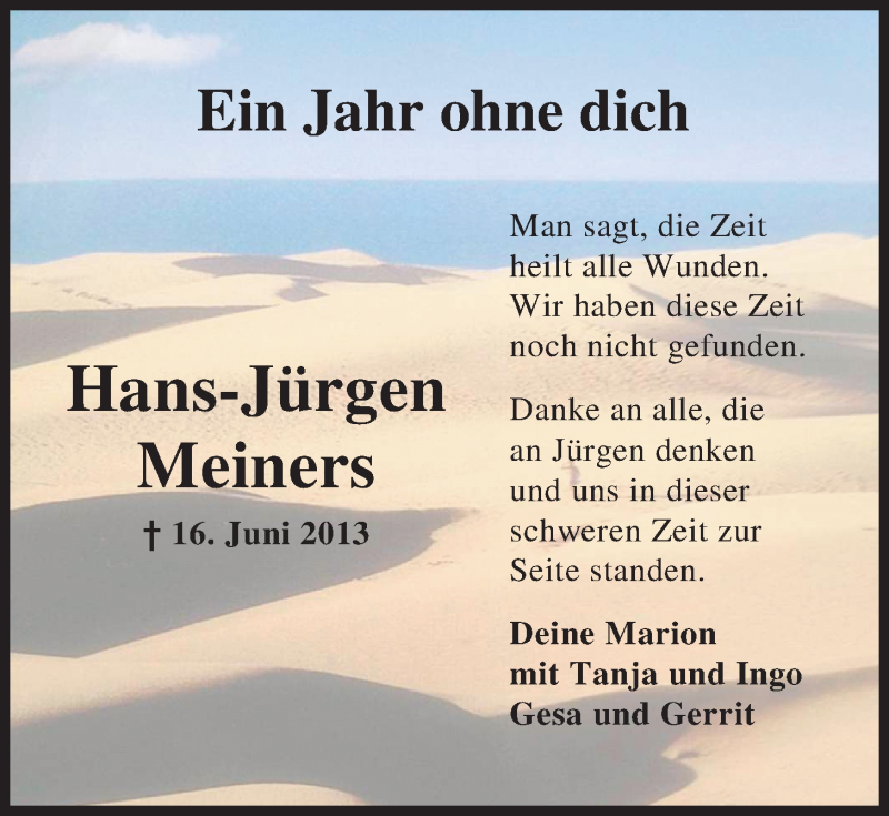  Traueranzeige für Hans-Jürgen Meiners vom 16.06.2014 aus Nordwest-Zeitung