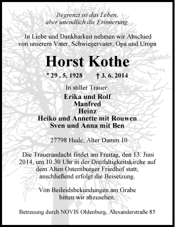 Traueranzeige von Horst Kothe von Nordwest-Zeitung