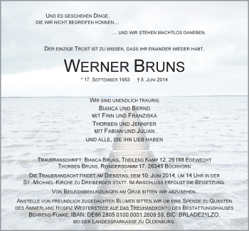 Traueranzeige von Werner Bruns von Nordwest-Zeitung