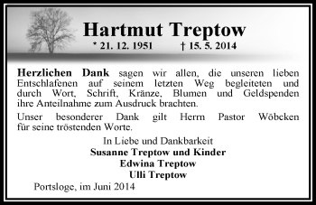 Traueranzeige von Hartmut Treptow von Nordwest-Zeitung