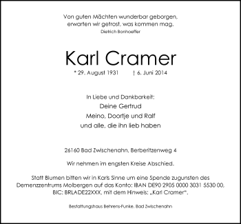 Traueranzeige von Karl Cramer von Nordwest-Zeitung