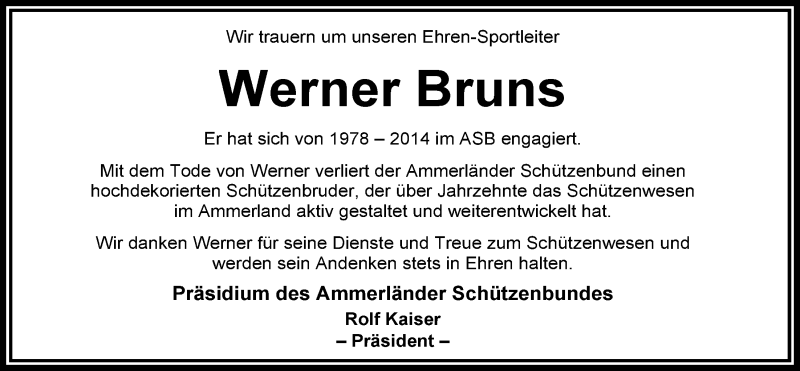  Traueranzeige für Werner Bruns vom 10.06.2014 aus Nordwest-Zeitung