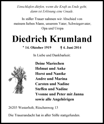 Traueranzeige von Diedrich Krumland von Nordwest-Zeitung