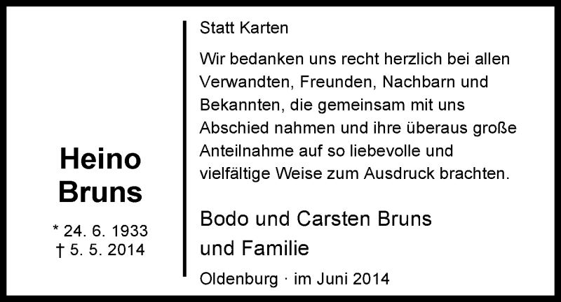  Traueranzeige für Heino Bruns vom 14.06.2014 aus Nordwest-Zeitung