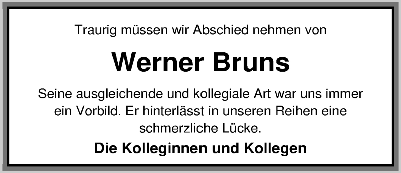  Traueranzeige für Werner Bruns vom 11.06.2014 aus Nordwest-Zeitung