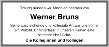 Traueranzeige von Werner Bruns von Nordwest-Zeitung