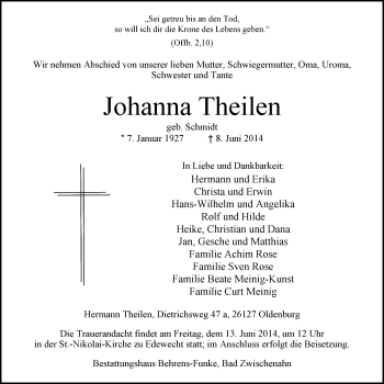 Traueranzeige von Johanna Theilen von Nordwest-Zeitung