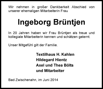 Traueranzeige von Ingeborg Brüntjen von Nordwest-Zeitung