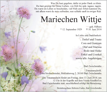 Traueranzeige von Mariechen Wittje von Nordwest-Zeitung