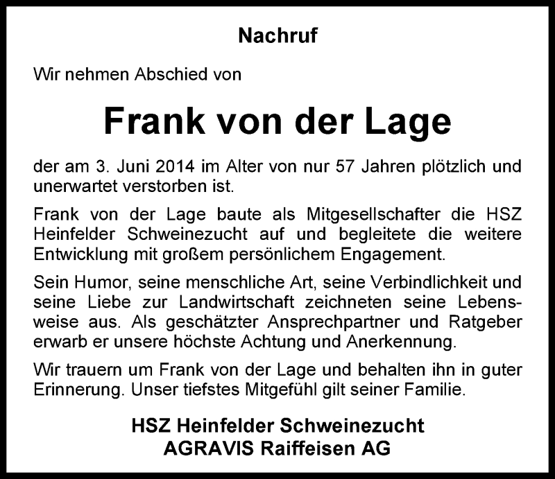  Traueranzeige für Frank von der Lage vom 11.06.2014 aus Nordwest-Zeitung