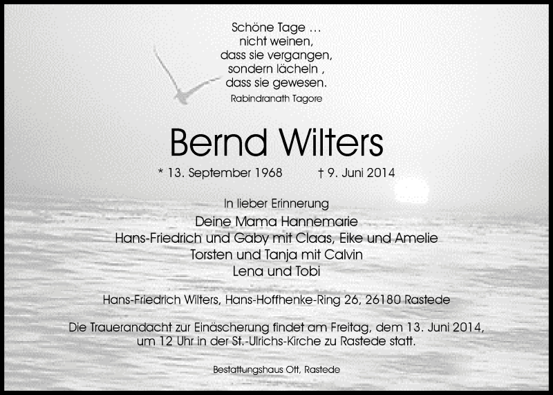  Traueranzeige für Bernd Wilters vom 11.06.2014 aus Nordwest-Zeitung
