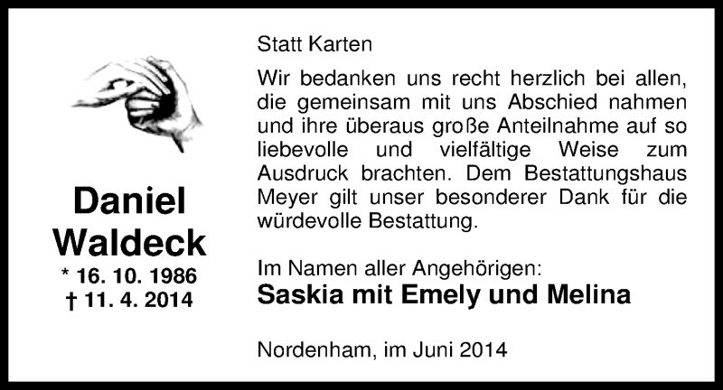  Traueranzeige für Daniel Waldeck vom 13.06.2014 aus Nordwest-Zeitung