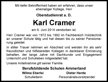 Traueranzeige von Karl Cramer von Nordwest-Zeitung