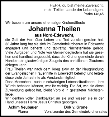 Traueranzeige von Johanna Theilen von Nordwest-Zeitung