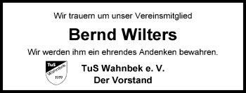 Traueranzeige von Bernd Wilters von Nordwest-Zeitung