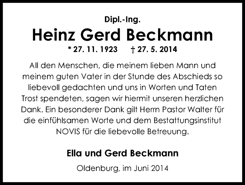  Traueranzeige für Heinz Gerd Beckmann vom 14.06.2014 aus Nordwest-Zeitung
