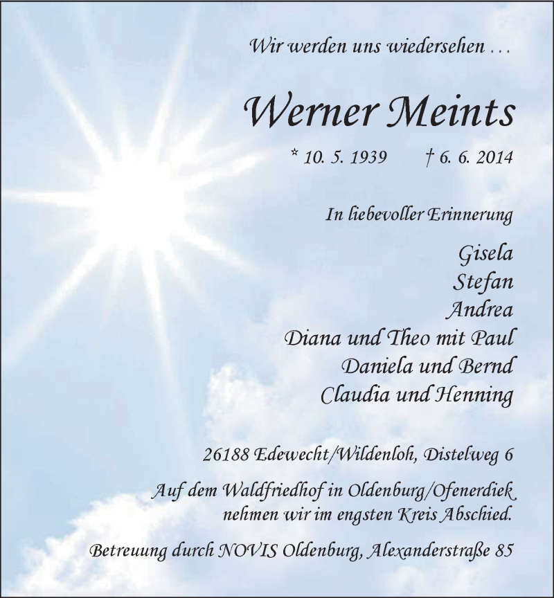  Traueranzeige für Werner Meints vom 14.06.2014 aus Nordwest-Zeitung