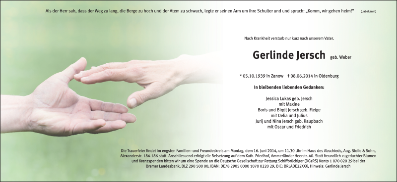  Traueranzeige für Gerlinde Jersch vom 12.06.2014 aus Nordwest-Zeitung