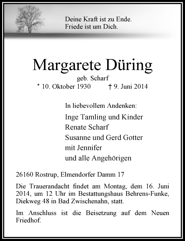  Traueranzeige für Margarete Düring vom 13.06.2014 aus Nordwest-Zeitung