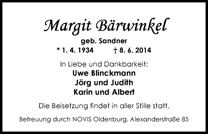 Traueranzeige für Margit Bärwinkel vom 14.06.2014 aus Nordwest-Zeitung